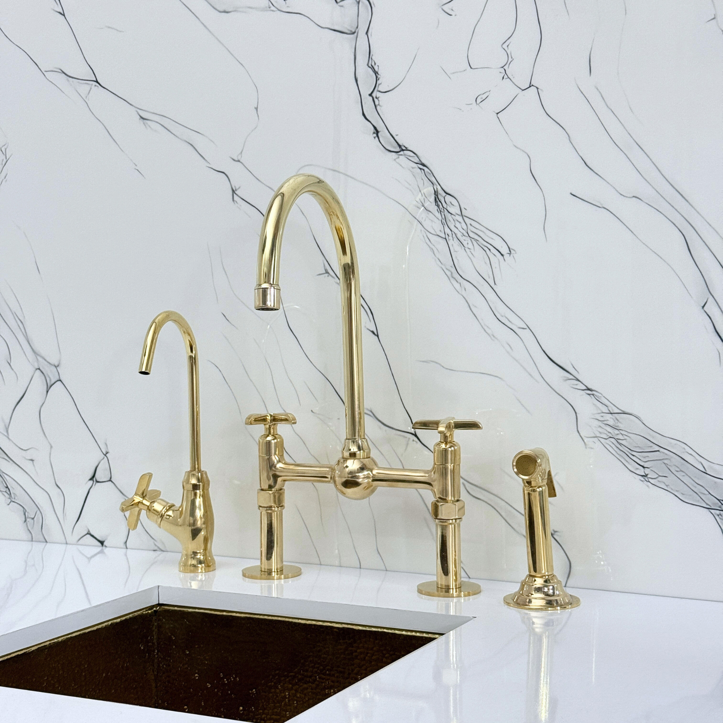 Unlacquered Brass Kitchen Bridge Faucet with Ball Center, Sprayer, Cold Water Faucet, Straight Legs and Cross Handles