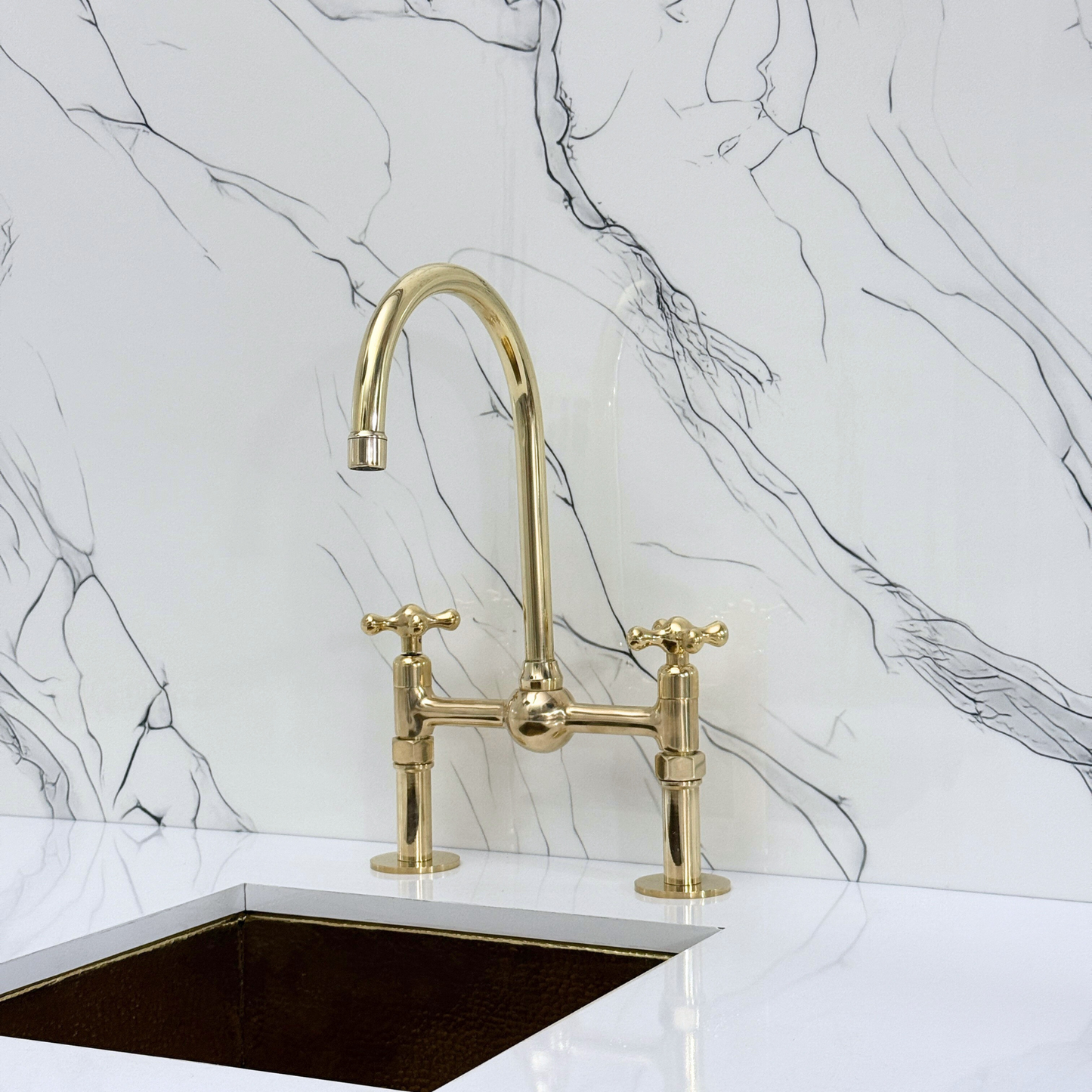 Unlacquered Brass Kitchen Bridge Faucet with Ball Center, Sprayer, Cold Water Faucet, Straight Legs and Cross Handles