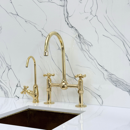 Unlacquered Brass Kitchen Bridge Faucet with Ball Center, Sprayer, Cold Water Faucet, Straight Legs and Cross Handles