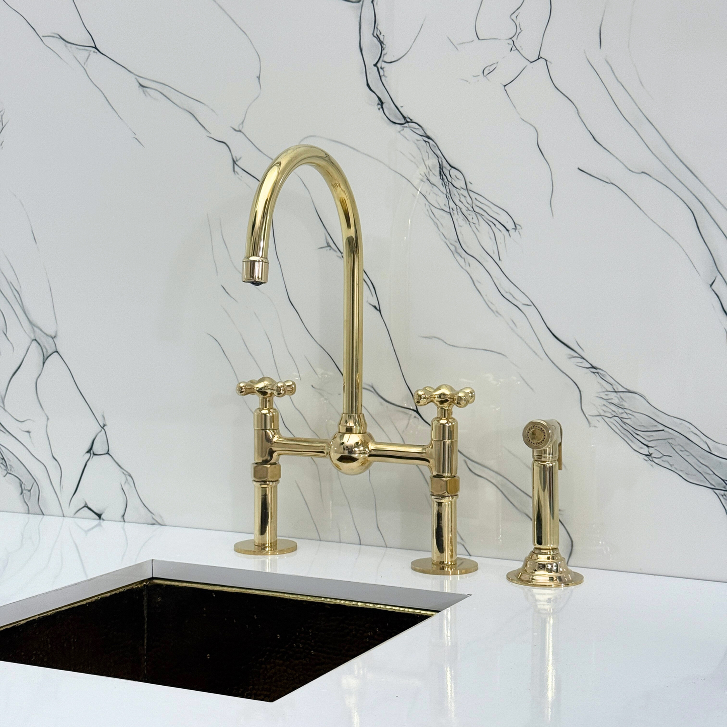 Unlacquered Brass Kitchen Bridge Faucet with Ball Center, Sprayer, Cold Water Faucet, Straight Legs and Cross Handles
