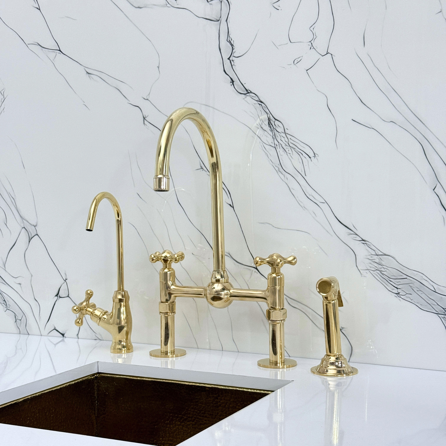Unlacquered Brass Kitchen Bridge Faucet with Ball Center, Sprayer, Cold Water Faucet, Straight Legs and Cross Handles