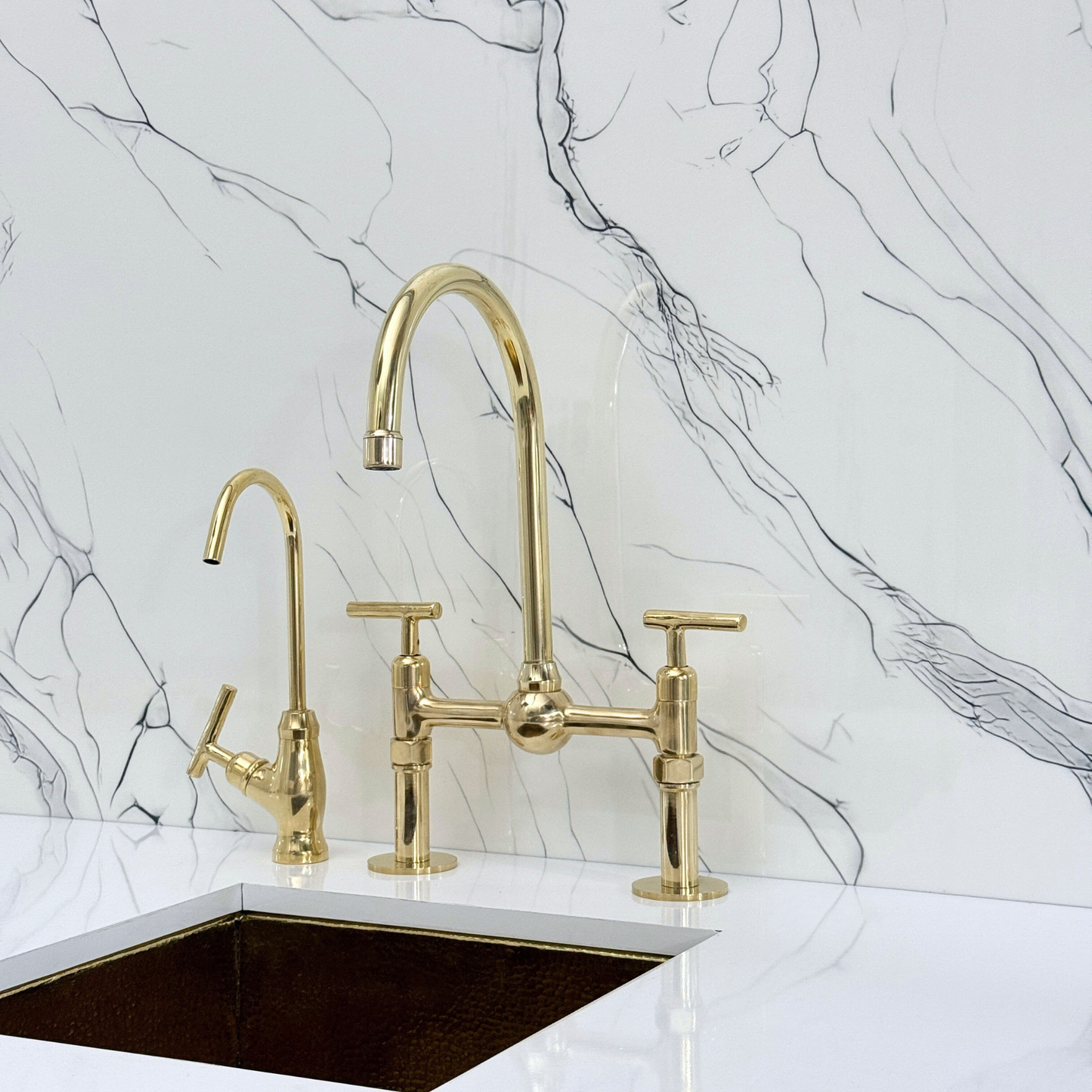 Unlacquered Brass Kitchen Bridge Faucet with Ball Center, Sprayer, Cold Water Faucet, Straight Legs and Lever Handles