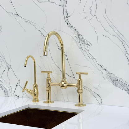 Unlacquered Brass Kitchen Bridge Faucet with Ball Center, Sprayer, Cold Water Faucet, Straight Legs and Lever Handles