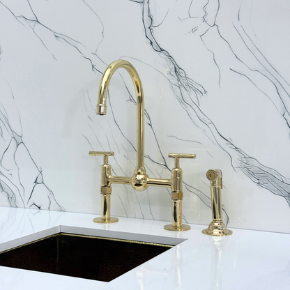 Unlacquered Brass Kitchen Bridge Faucet with Ball Center, Sprayer, Cold Water Faucet, Straight Legs and Lever Handles