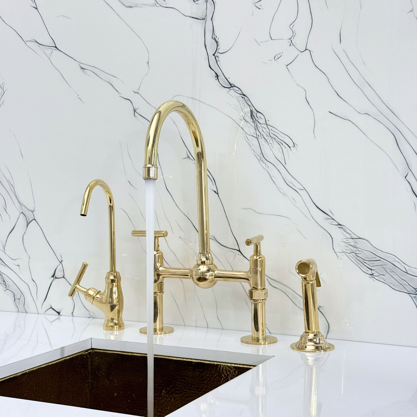 Unlacquered Brass Kitchen Bridge Faucet with Ball Center, Sprayer, Cold Water Faucet, Straight Legs and Lever Handles