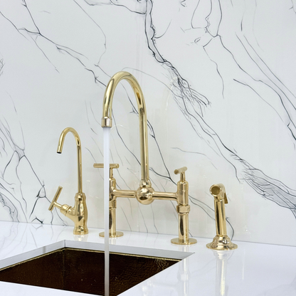 Unlacquered Brass Kitchen Bridge Faucet with Ball Center, Sprayer, Cold Water Faucet, Straight Legs and Lever Handles
