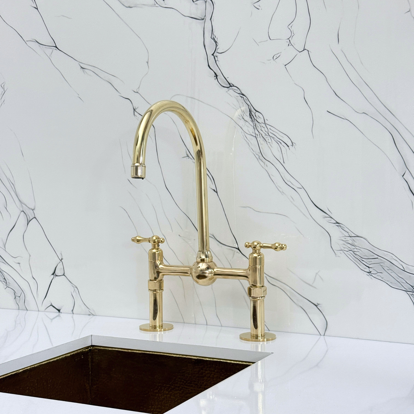 Unlacquered Brass Kitchen Bridge Faucet with Ball Center, Sprayer, Cold Water Faucet, Straight Legs and Lever Handles
