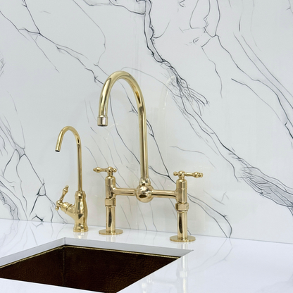 Unlacquered Brass Kitchen Bridge Faucet with Ball Center, Sprayer, Cold Water Faucet, Straight Legs and Lever Handles