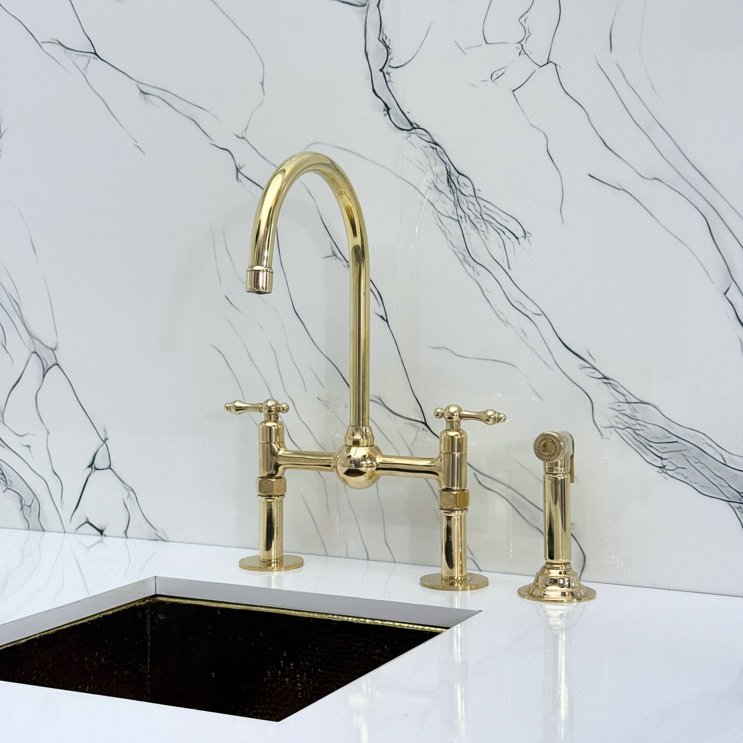 Unlacquered Brass Kitchen Bridge Faucet with Ball Center, Sprayer, Cold Water Faucet, Straight Legs and Lever Handles