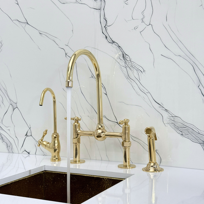 Unlacquered Brass Kitchen Bridge Faucet with Ball Center, Sprayer, Cold Water Faucet, Straight Legs and Lever Handles