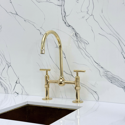 Unlacquered Brass Kitchen Bridge Faucet with Ball Center, Sprayer, Cold Water Faucet, Straight Legs and Lever Handles