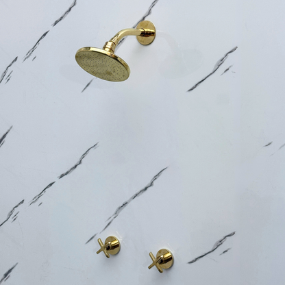 Unlacquered Brass Shower System with Flat Round Rain Adjustable Shower Head, Short Arm and Cross Handles