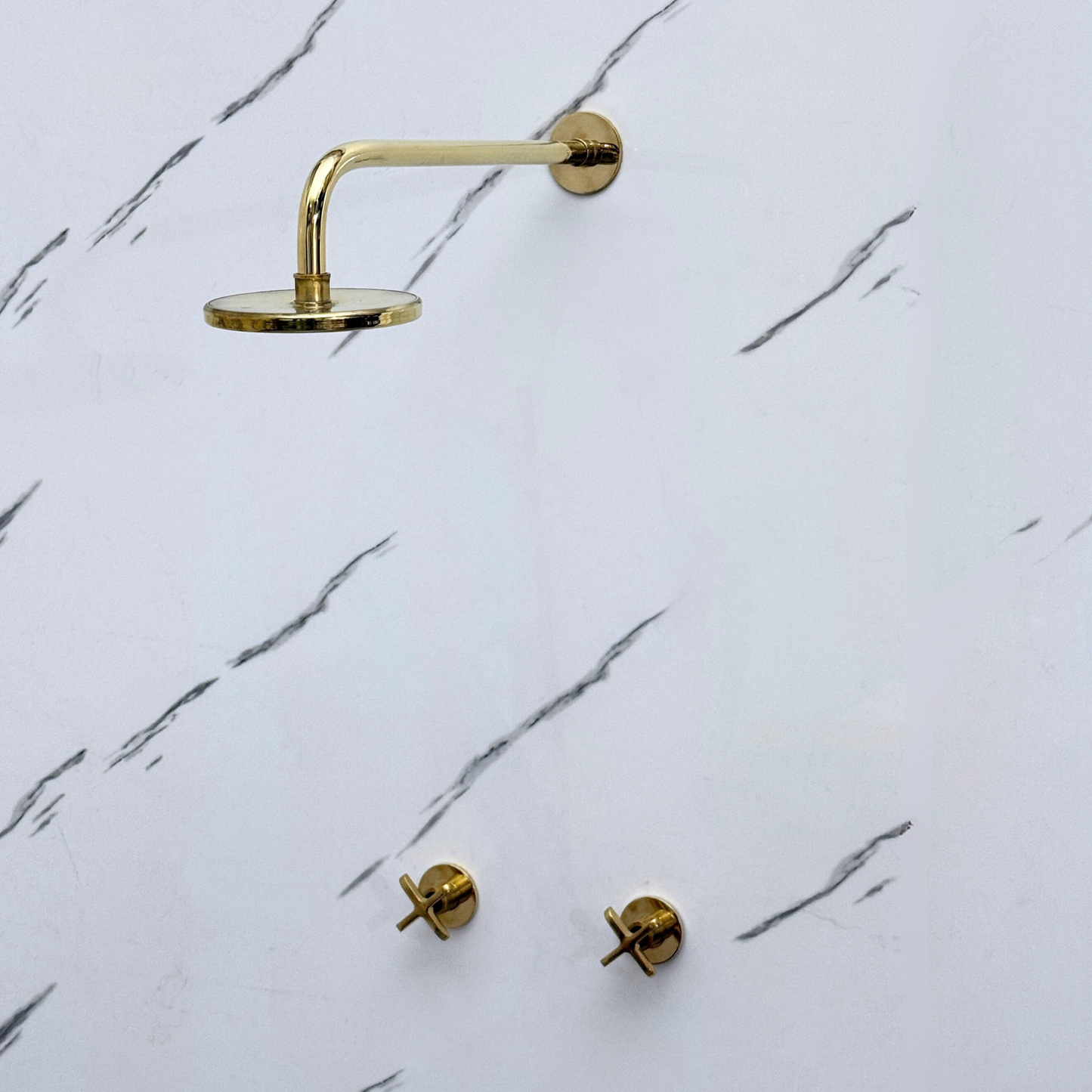 Unlacquered Brass Shower System with Adjustable Flat Round Rain Shower Head, Straight Arm and Cross Handles