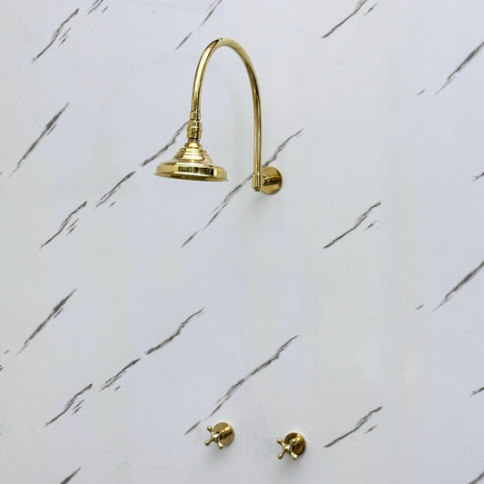 Unlacquered Brass Shower System with Adjustable Round Rain Shower Head, Cross Handles and Arcuate Arm