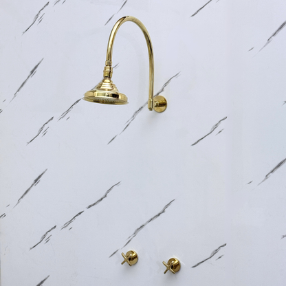 Unlacquered Brass Shower System with Adjustable Round Rain Shower Head, Cross Handles and Arcuate Arm