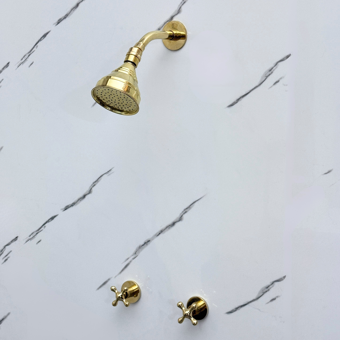 Unlacquered Brass Shower System with Adjustable Round Rain Shower Head, Short Arm and Cross Handles