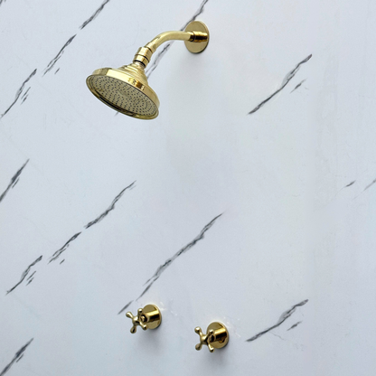 Unlacquered Brass Shower System with Round Rain Adjustable Shower Head, Short Arm and Cross Handles