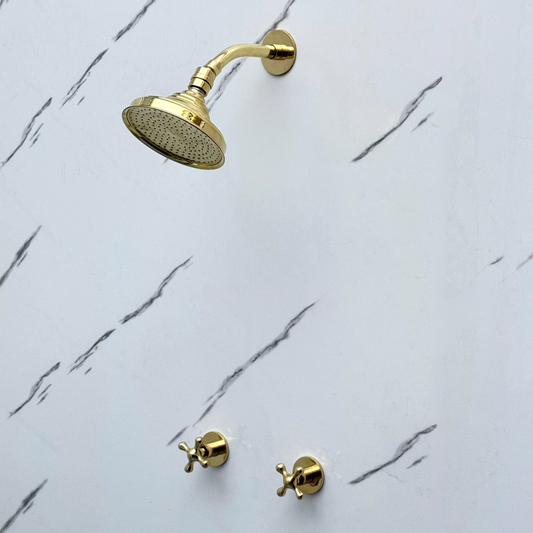 Unlacquered Brass Shower System with Round Rain Adjustable Shower Head, Short Arm and Cross Handles