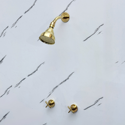 Unlacquered Brass Shower System with Adjustable Round Rain Shower Head, Short Arm and Cross Handles