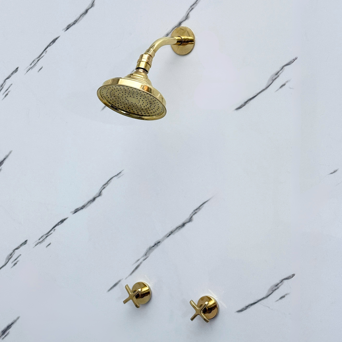 Unlacquered Brass Shower System with Round Rain Adjustable Shower Head, Short Arm and Cross Handles