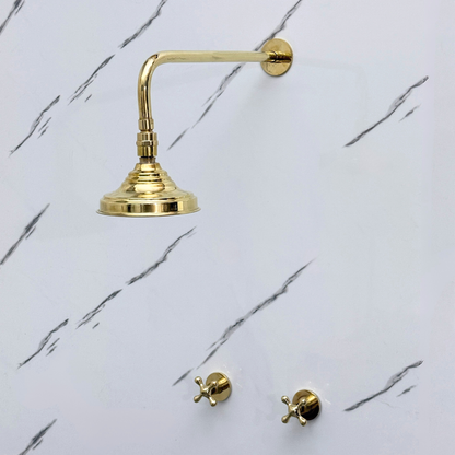 Unlacquered Brass Shower System with Adjustable Round Rain Shower Head, Cross Handles and Straight Arm