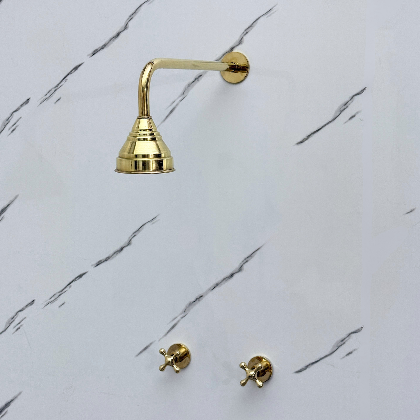 Unlacquered Brass Shower System with Adjustable Round Rain Shower Head, Straight Arm and Cross Handles