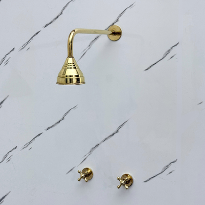 Unlacquered Brass Shower System with Adjustable Round Rain Shower Head, Straight Arm and Cross Handles