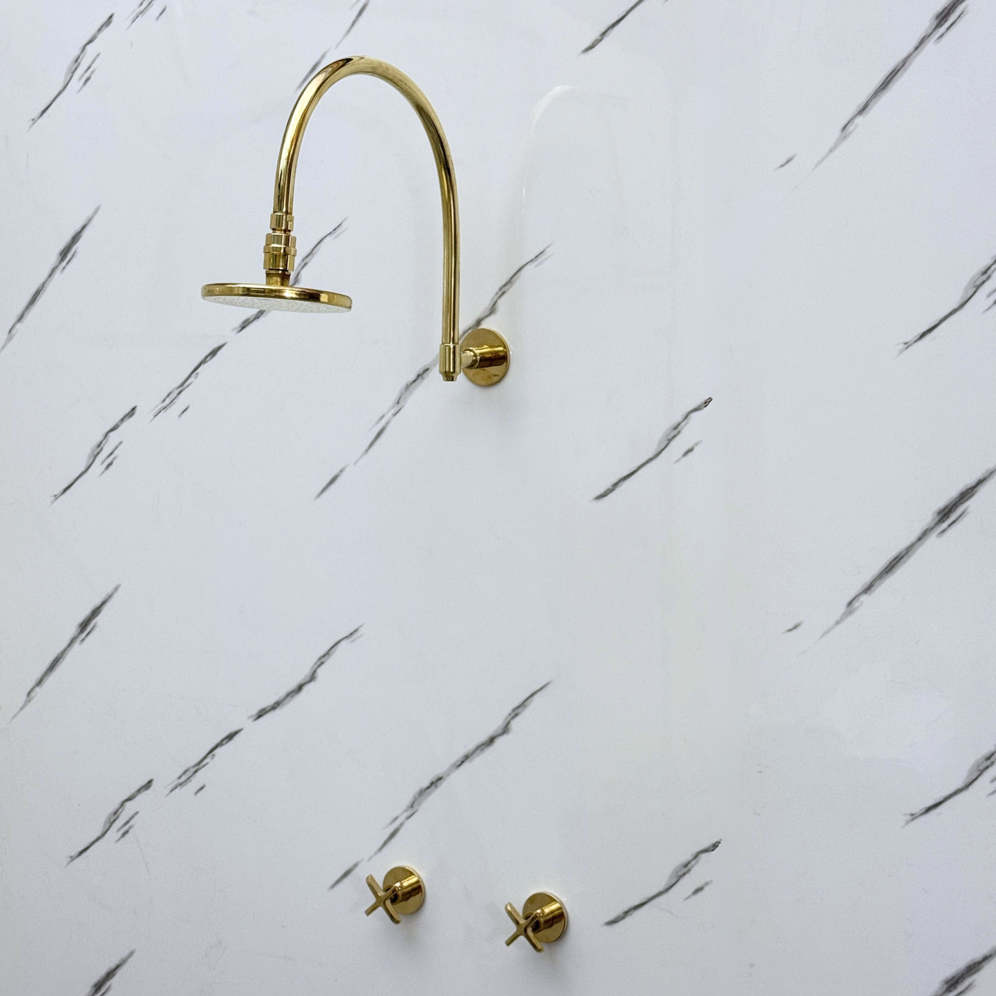 Unlacquered Brass Shower System with Adjustable Flat Round Rain Shower Head, Arcuate Arm and Cross Handles