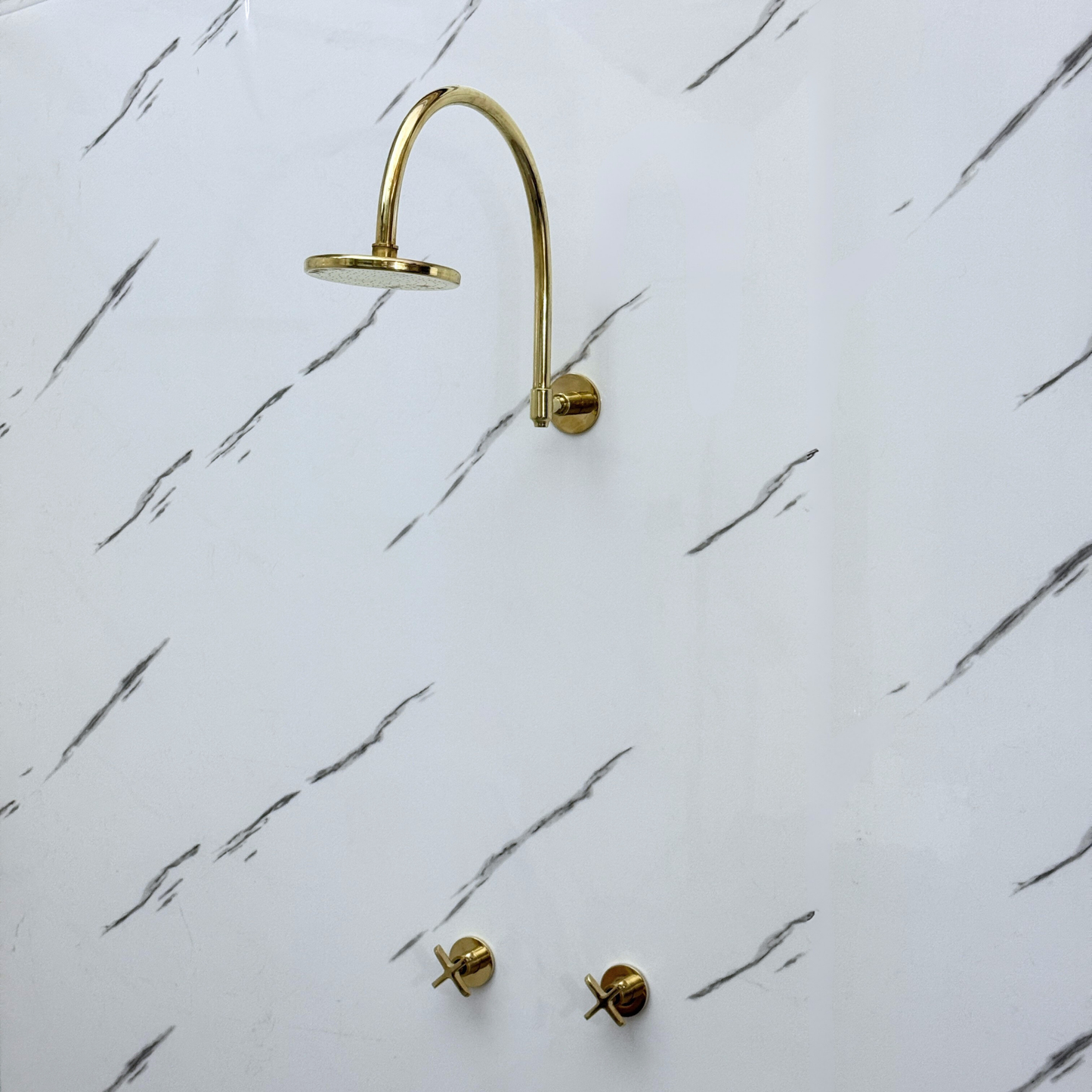 Unlacquered Brass Shower System with Adjustable Flat Round Rain Shower Head, Arcuate Arm and Cross Handles