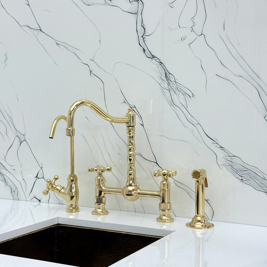 Unlacquered Brass Victorian Bridge Faucet with Ball Center, Sprayer, Cold Water Faucet, and Cross Handles