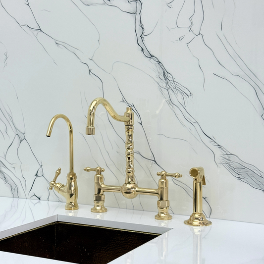 Unlacquered Brass Victorian Bridge Faucet with Ball Center, Sprayer, Cold Water Faucet, and Lever Handles