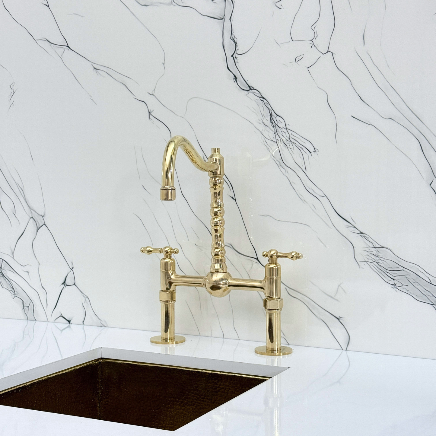 Unlacquered Brass Victorian Bridge Faucet with Sprayer, Cold Water Faucet, Straight Legs and Lever Handles