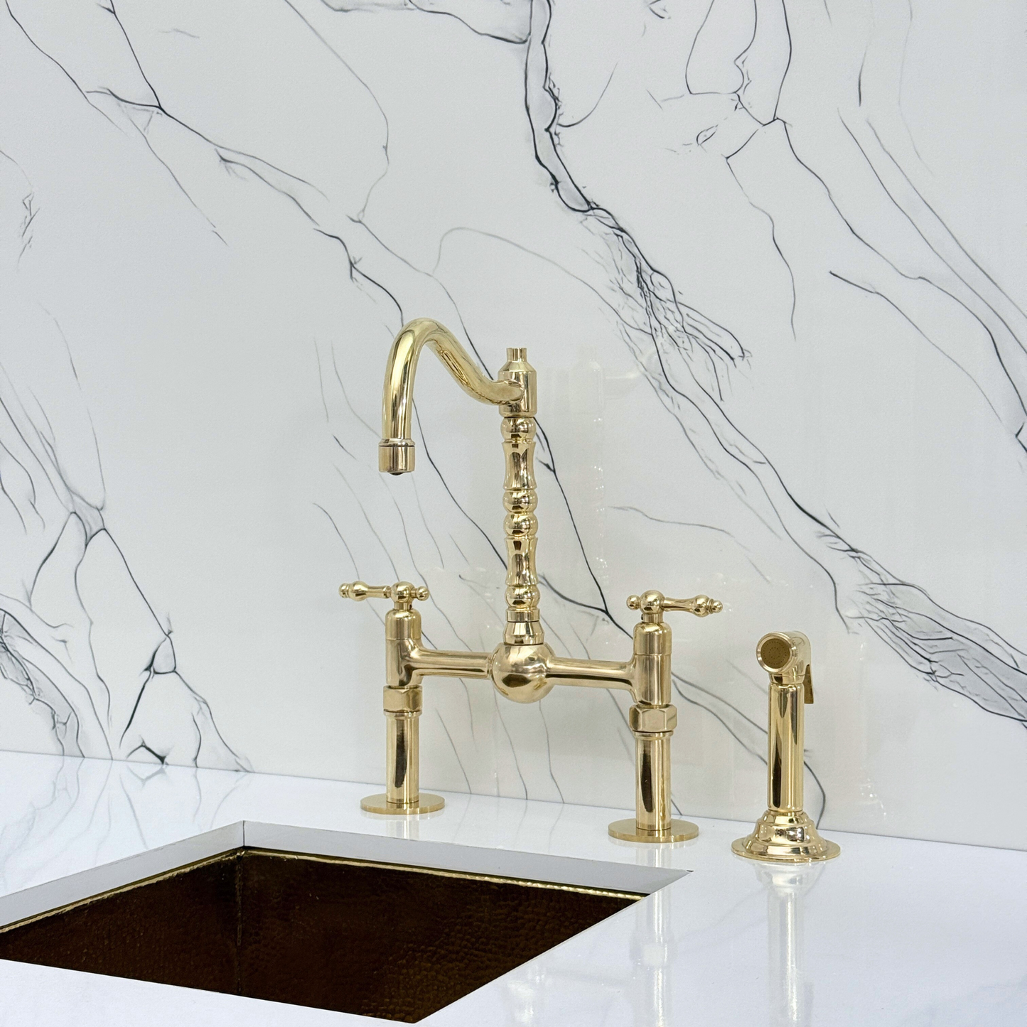 Unlacquered Brass Victorian Bridge Faucet with Sprayer, Cold Water Faucet, Straight Legs and Lever Handles