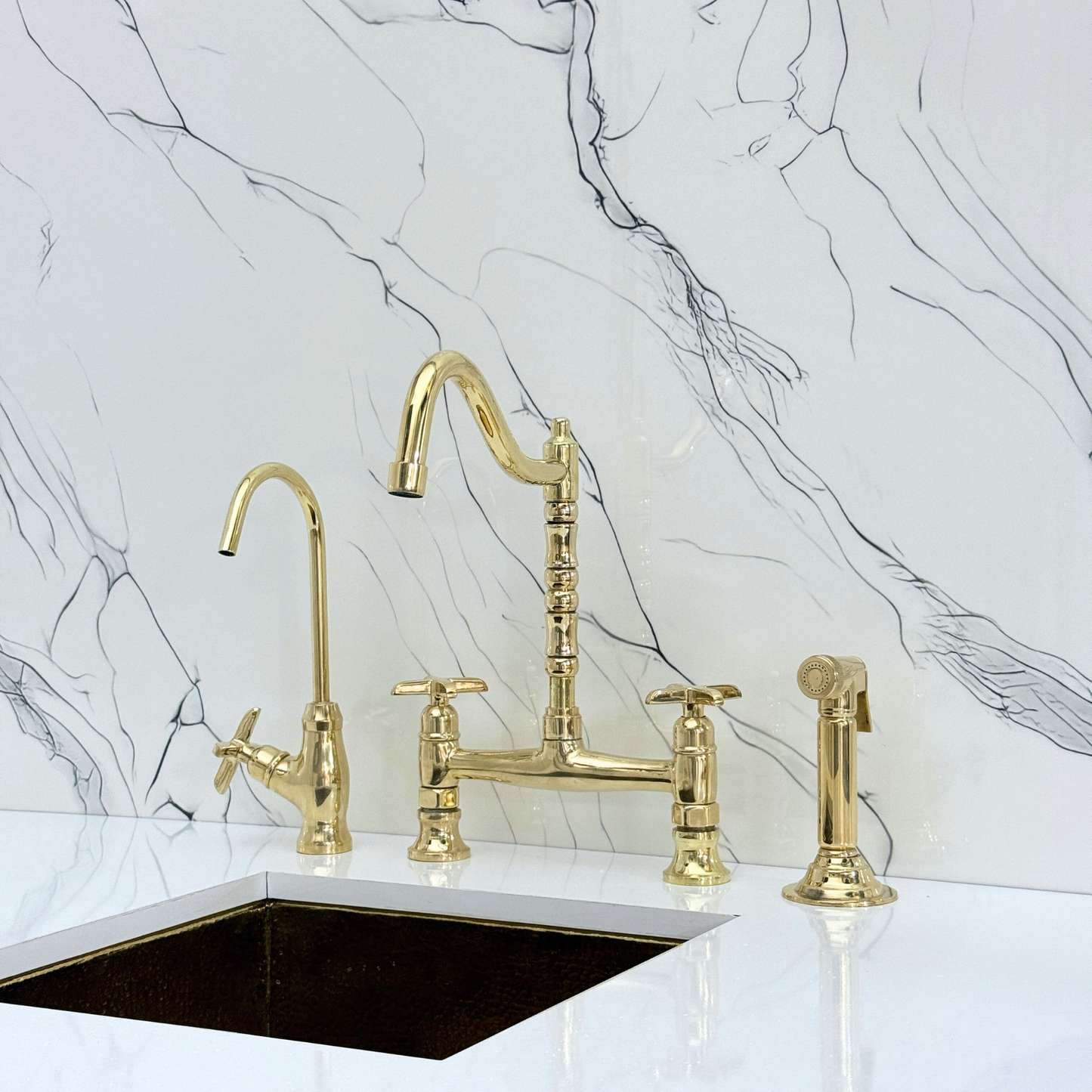 Unlacquered Brass Victorian Bridge Faucet with Cold Water Faucet, Sprayer and Cross Handles