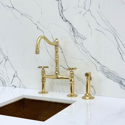 Unlacquered Brass Victorian Bridge Faucet with Sprayer, Cold Water Faucet and Cross Handles