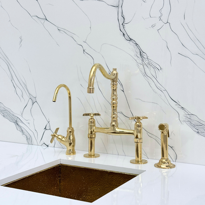 Unlacquered Brass Victorian Bridge Faucet with Sprayer, Cold Water Faucet and Cross Handles