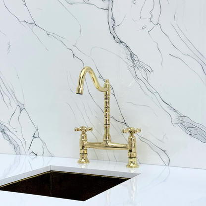 Unlacquered Brass Victorian Bridge Faucet with Cold Water Faucet, Sprayer and Cross Handles