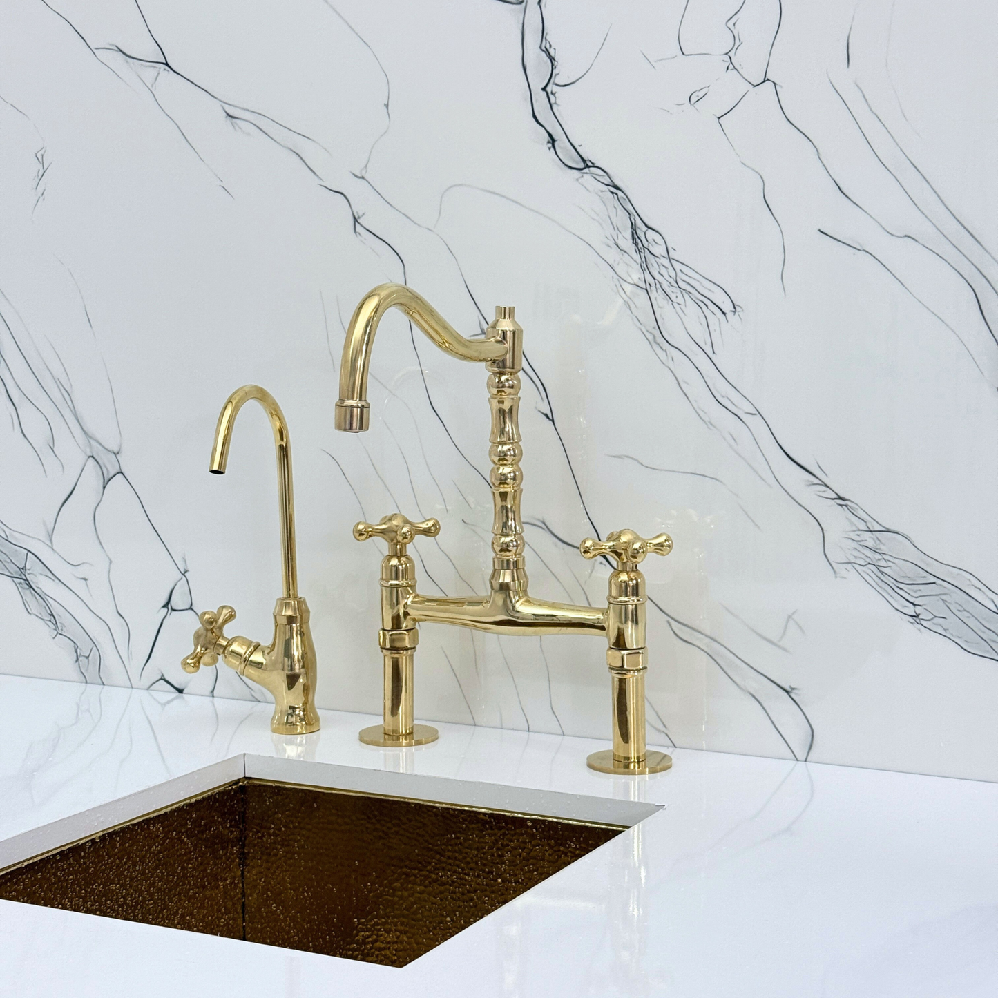 Unlacquered Brass Victorian Bridge Faucet with Sprayer, Cold Water Faucet and Cross Handles