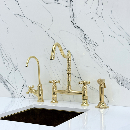 Unlacquered Brass Victorian Bridge Faucet with Cold Water Faucet, Sprayer and Cross Handles