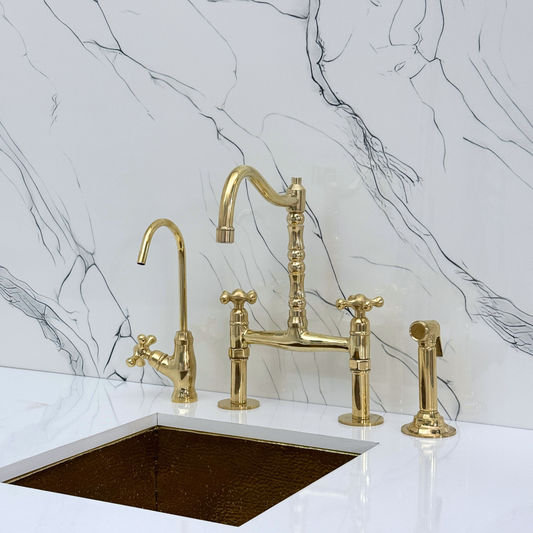 Unlacquered Brass Victorian Bridge Faucet with Sprayer, Cold Water Faucet and Cross Handles