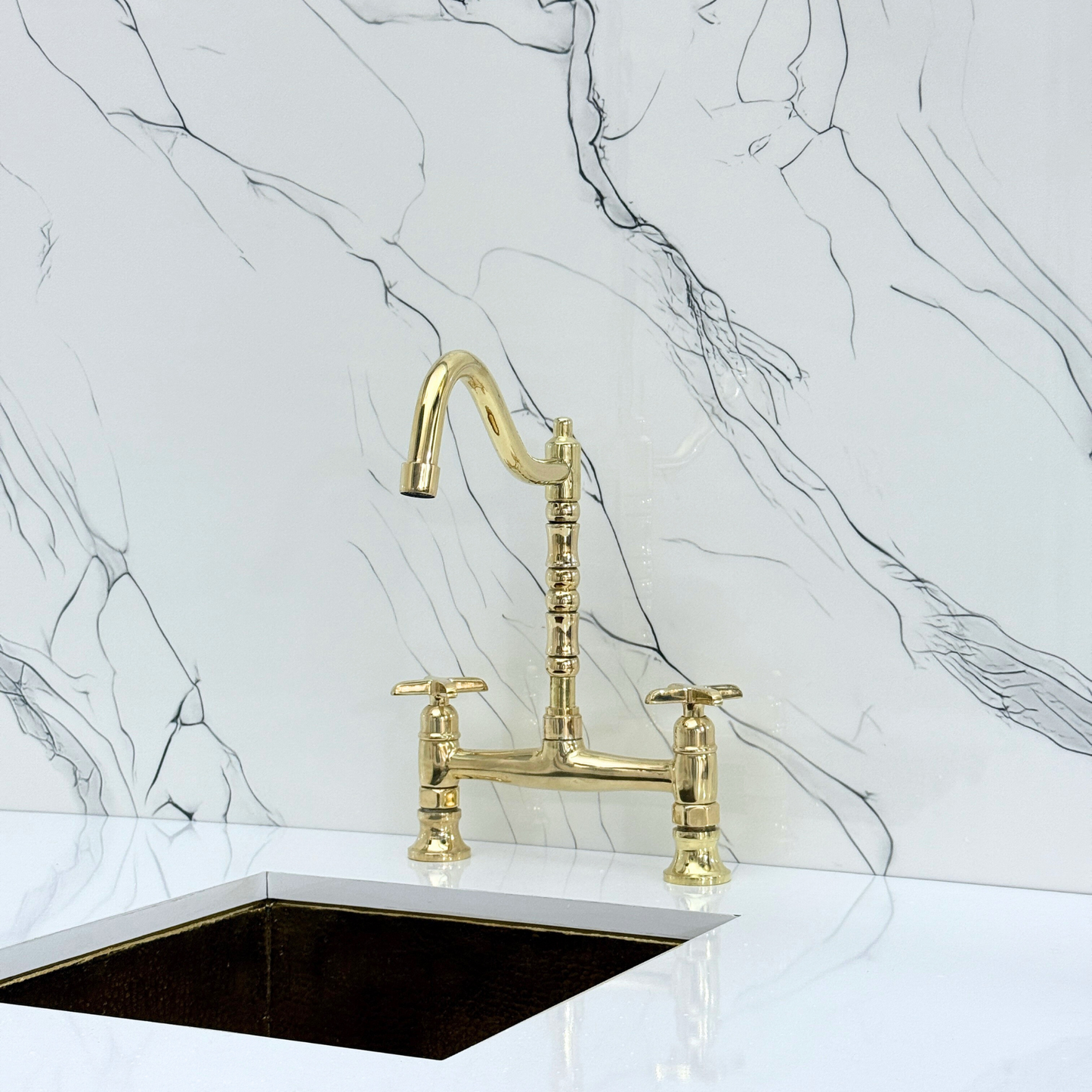 Unlacquered Brass Victorian Bridge Faucet with Cold Water Faucet, Sprayer and Cross Handles