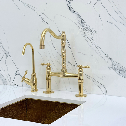 Unlacquered Brass Victorian Bridge Faucet with Sprayer, Cold Water Faucet and Lever Handles