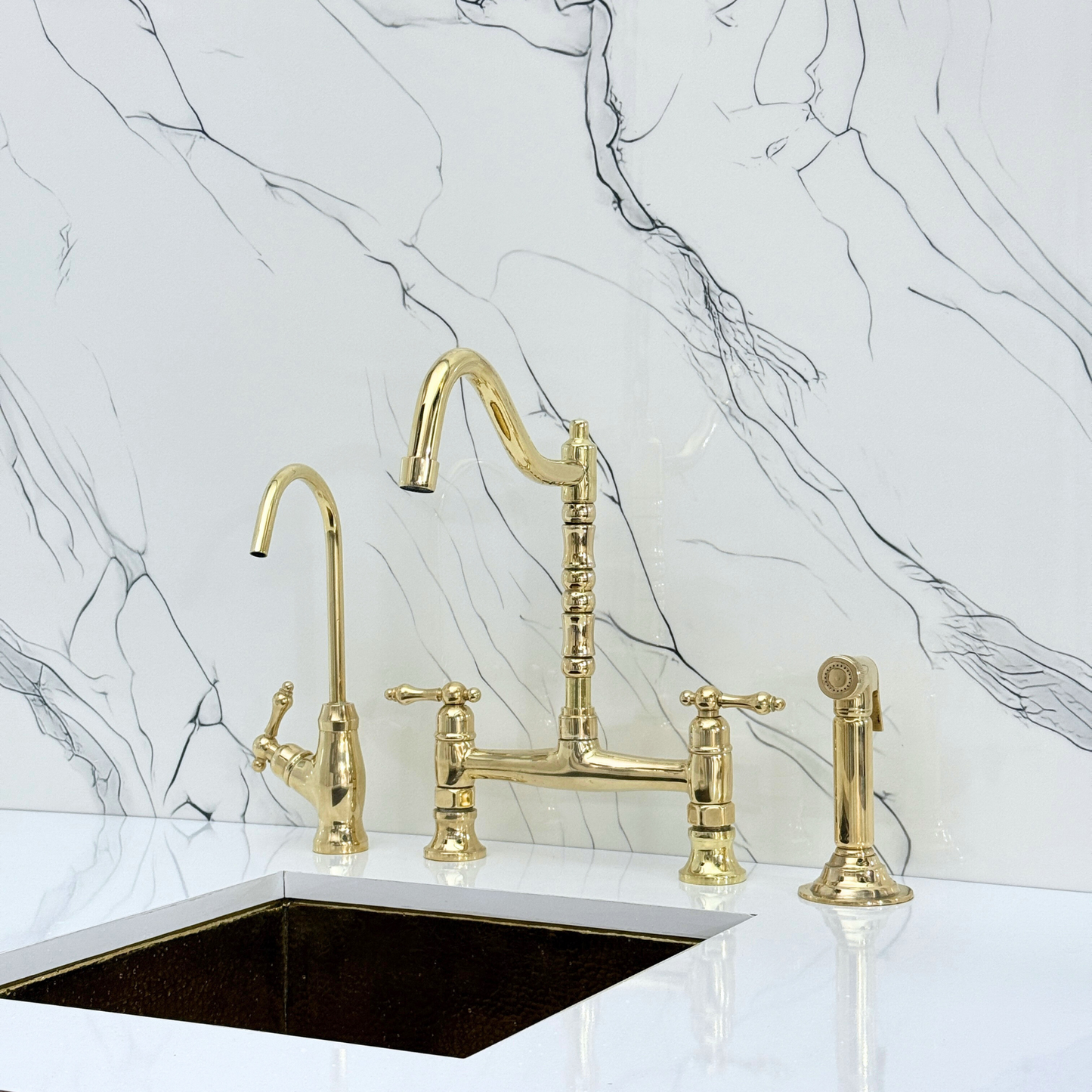 Unlacquered Brass Victorian Bridge Faucet with Cold Water Faucet, Sprayer and Lever Handles