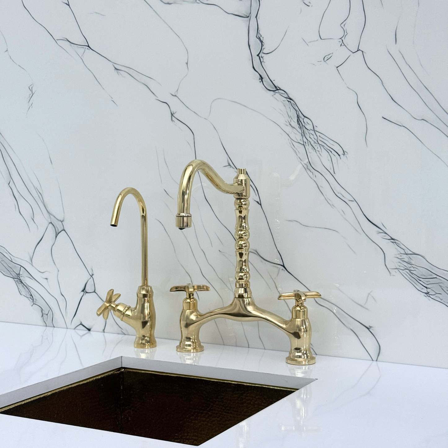 Unlacquered Brass Victorian Bridge Kitchen Faucet with Sprayer, Drinking Water Tap and Cross Handles
