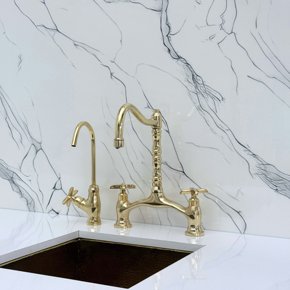 Unlacquered Brass Victorian Bridge Kitchen Faucet with Sprayer, Drinking Water Tap and Cross Handles