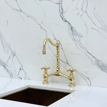 Unlacquered Brass Victorian Bridge Kitchen Faucet with Sprayer, Drinking Water Tap and Cross Handles