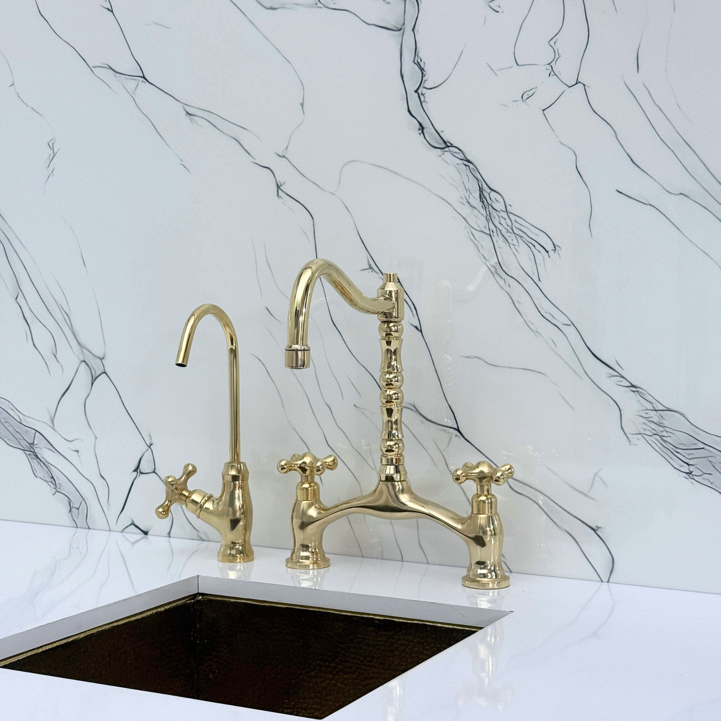 Unlacquered Brass Victorian Bridge Kitchen Faucet with Sprayer, Drinking Water Tap and Cross Handles