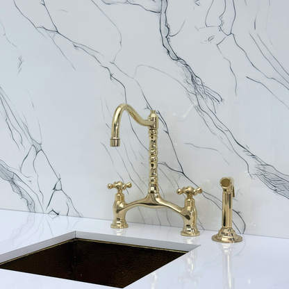 Unlacquered Brass Victorian Bridge Kitchen Faucet with Sprayer, Drinking Water Tap and Cross Handles