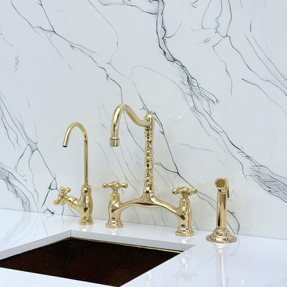 Unlacquered Brass Victorian Bridge Kitchen Faucet with Sprayer, Drinking Water Tap and Cross Handles