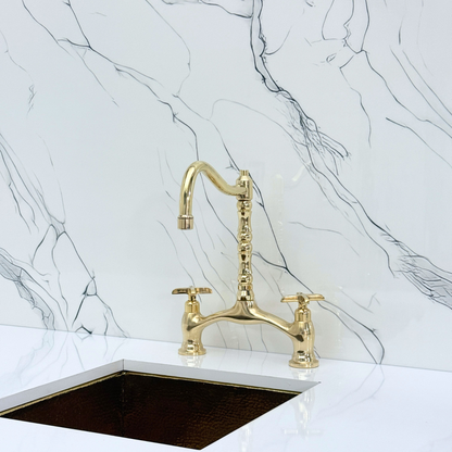 Unlacquered Brass Victorian Bridge Kitchen Faucet with Sprayer, Drinking Water Tap and Cross Handles